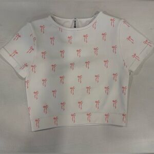 White Crop Top with Pink Bow Print